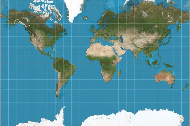 photo credit: Strebe / Wikimedia Commons. A Mercator projection map.
