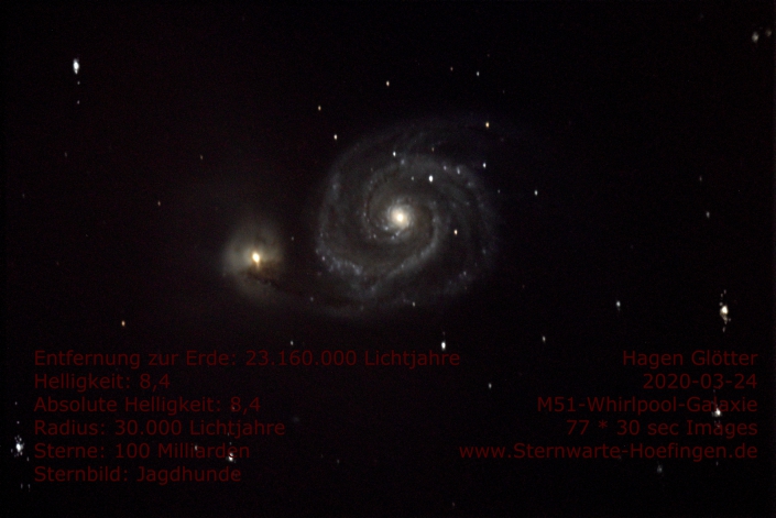 Die Whirlpool-Galaxie ist eine große Spiralgalaxie im Sternbild Jagdhunde. Sie ist vom Hubble-Typ Sc, das heißt mit deutlich ausgeprägter Spiralstruktur. M 51 hat eine scheinbare Helligkeit von 8,4 mag und eine Winkelausdehnung von 11,2′ × 6,9′. (Wikipedia) Entfernung zur Erde: 23.160.000 Lichtjahre Helligkeit: 8,4 Absolute Helligkeit: 8,4 Radius: 30.000 Lichtjahre Sterne: 100 Milliarden Sternbild: Jagdhunde